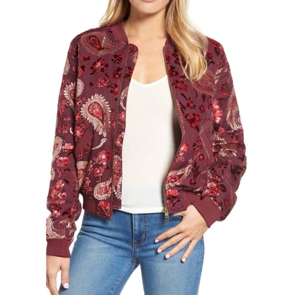 KAS Designs Velour Paisley Bomber Jacket S Burgundy